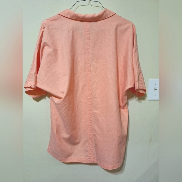 Vintage 90s Chaus Women's silk linen button-up shortsleeve blouse salmon pink S - Picture 4 of 6